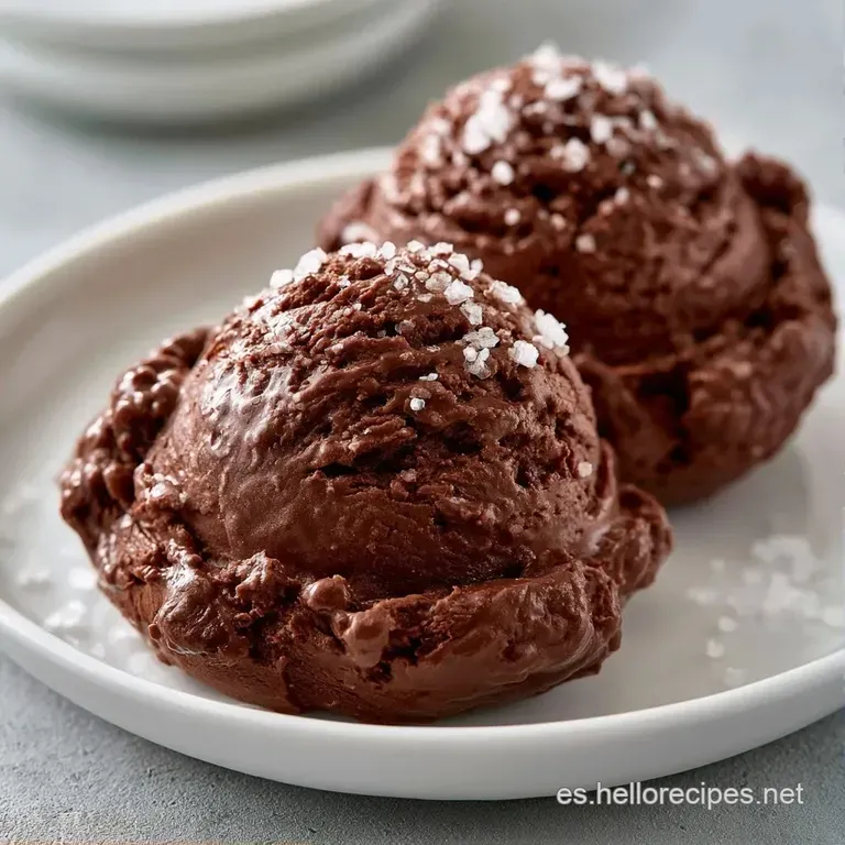 Helado de chocolate oscuro en copa de cristal con una hoja de menta fresca y hilos de salsa de cacao brillante.