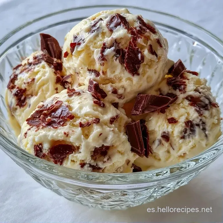 Copa de cristal con helado marr&oacute;n oscuro, adornado con menta verde y hilos de sirope brillante que gotean suavemente.