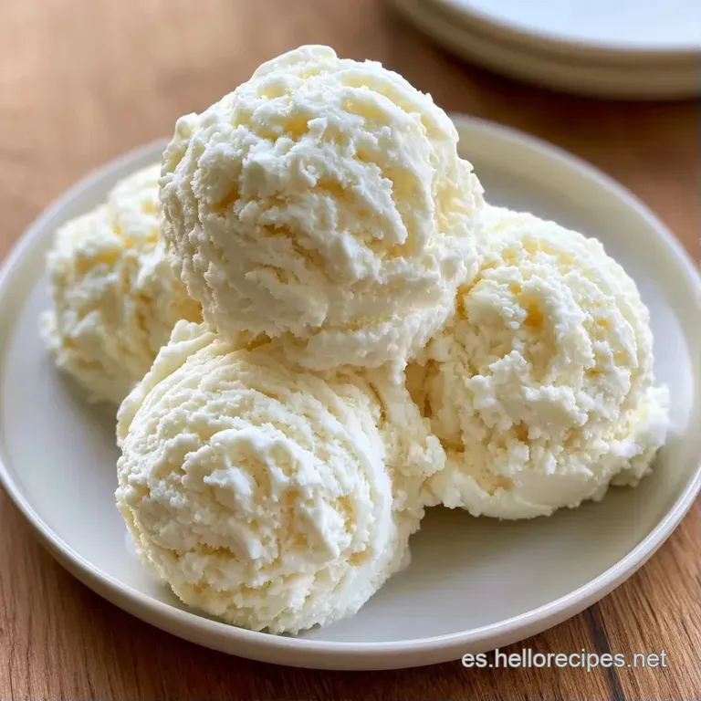 Copa de cristal con helado blanco suave, adornado con cubitos de queso blanco y un toque de miel dorada brillante.