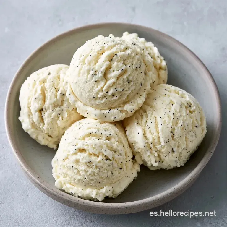 Bola de crema helada blanca sobre plato cerámico, adornada con una vaina de vainilla y un hilo de caramelo dorado.
