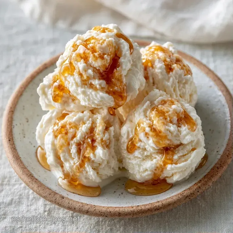 Una bola de crema helada blanca sobre un plato cerámico, adornada con una hoja de menta verde y gotas de almíbar brillante.