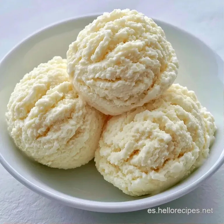 Helados de tono marfil sobre un plato cerámico, decorados con hilos de miel y pequeños cubos de queso blanco tierno.