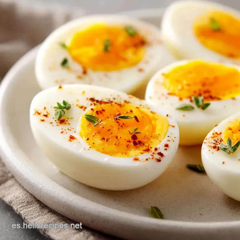 Halved boiled egg with a soft, jammy yolk glistening against the smooth white, sprinkled with flaky sea salt on a simple p...