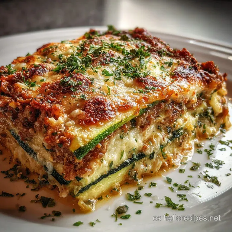 A slice of zucchini lasagna with layers of rich cheese and bright sauce, herbs, plated, light and airy. A healthy and temp...