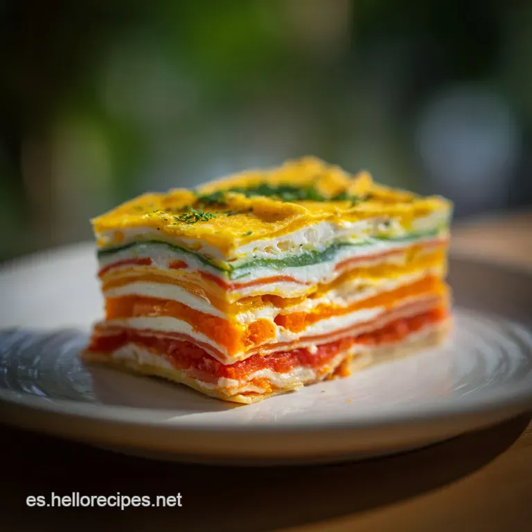 Slice of layered vegetable lasagna with rich, white sauce and vibrant vegetables elegantly plated, showing distinct layers...
