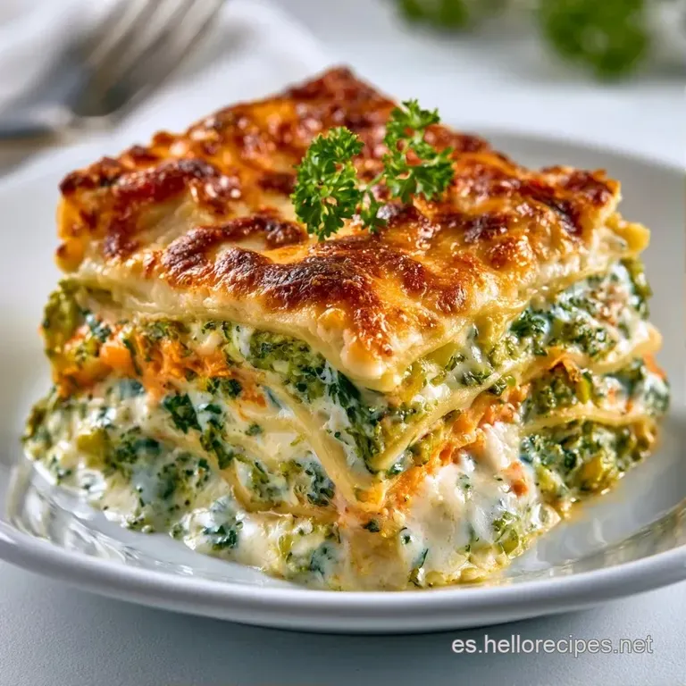 Porci&oacute;n cuadrada con capas visibles de hortalizas coloridas y queso fundido, adornada con una hoja de albahaca fresca.