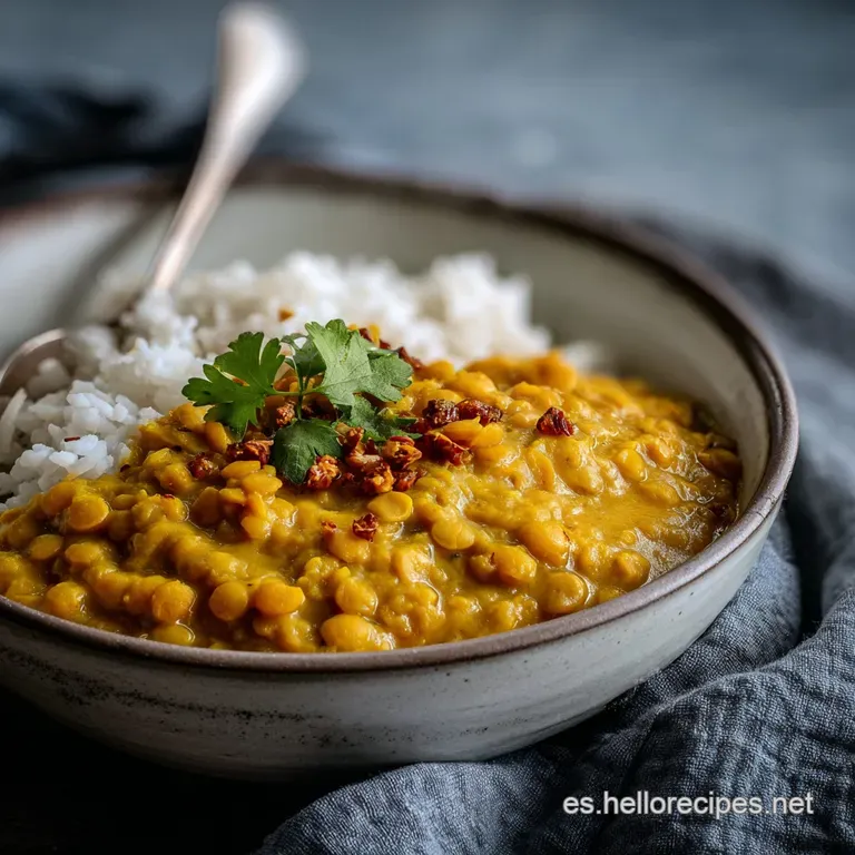 A spoonful of spiced lentils, shimmering with a light sheen, presented elegantly in a white bowl with a garnish of fresh c...