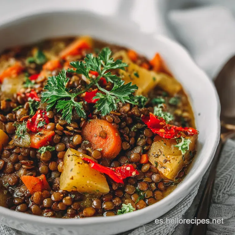 Elegant bowl of simmering lentil stew featuring carrots, parsley & peppers; steam rises, promising warmth and savory flavors.