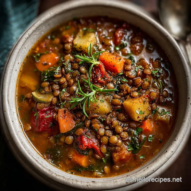 Elegantly plated lentils and vegetables, glistening with savory broth. Topped with fresh parsley, highlighting rustic charm.