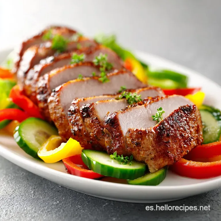 Thick pork tenderloin medallions artfully arranged with vibrant roasted vegetables and a glossy sauce drizzle.