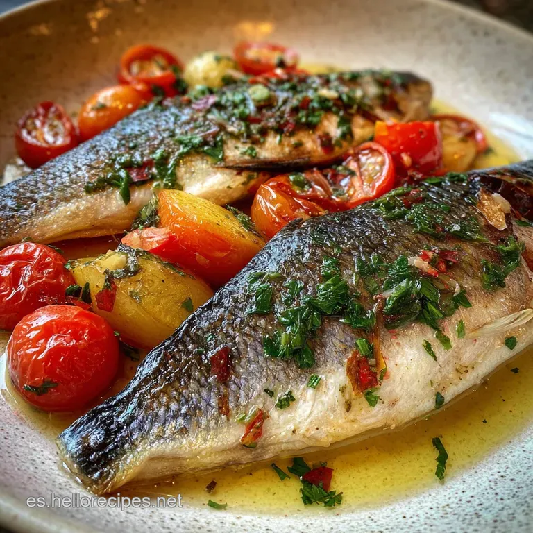 Perfectly seared sea bass fillet on a white plate with a medley of colorful, slightly charred vegetables. Parsley sprig ga...