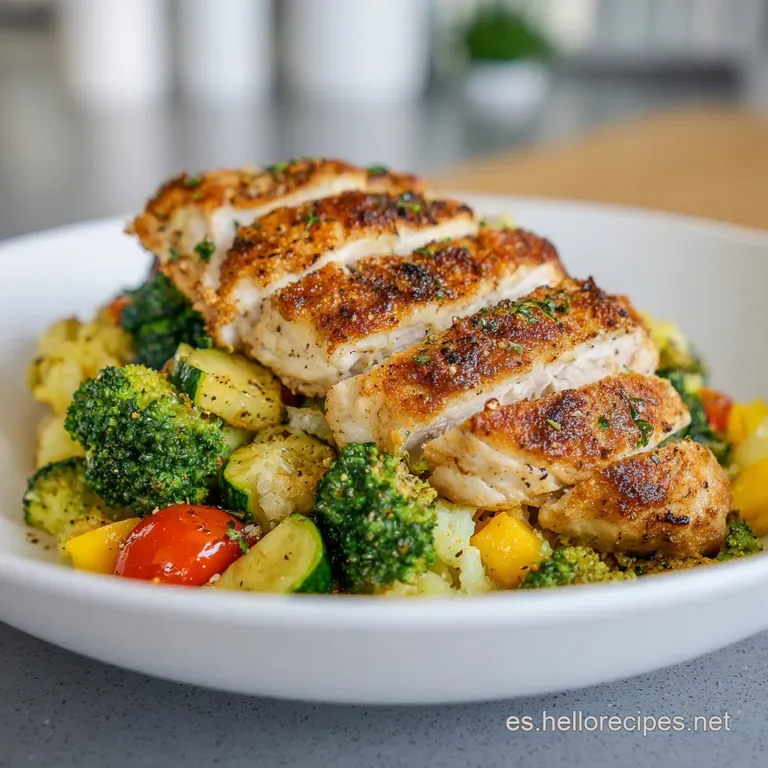 A perfectly portioned plate of tender chicken and vibrant mixed vegetables glistening with a light sauce, creating an invi...