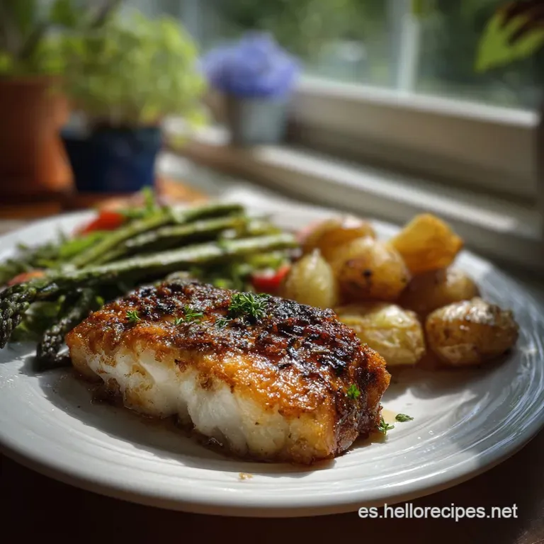 Flaky white fish fillet with crisped skin atop vibrant green asparagus, lemon zest dusting, creating an elegant, light, & ...