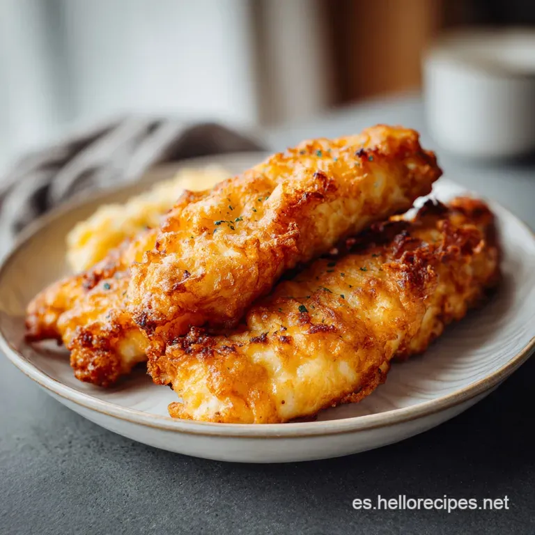 A perfectly fried hake fillet, golden and glistening, artfully arranged with a lemon wedge and fresh parsley sprigs.