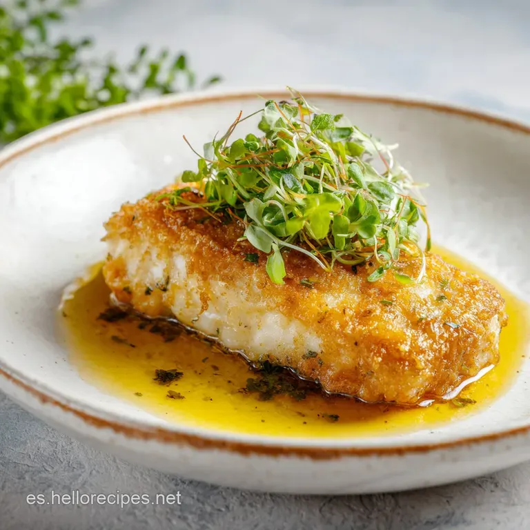 Crispy, golden-brown hake served with lemon wedges and vibrant green parsley, beautifully plated on white ceramic.