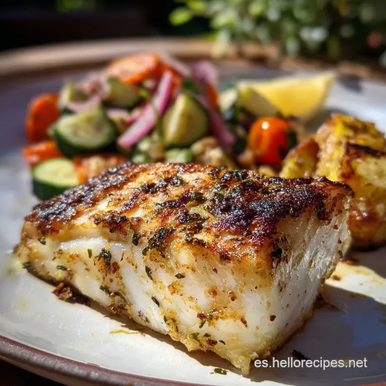 Perfectly seared white fish fillet rests on a pristine white plate, next to vibrant green asparagus spears, artfully drizz...