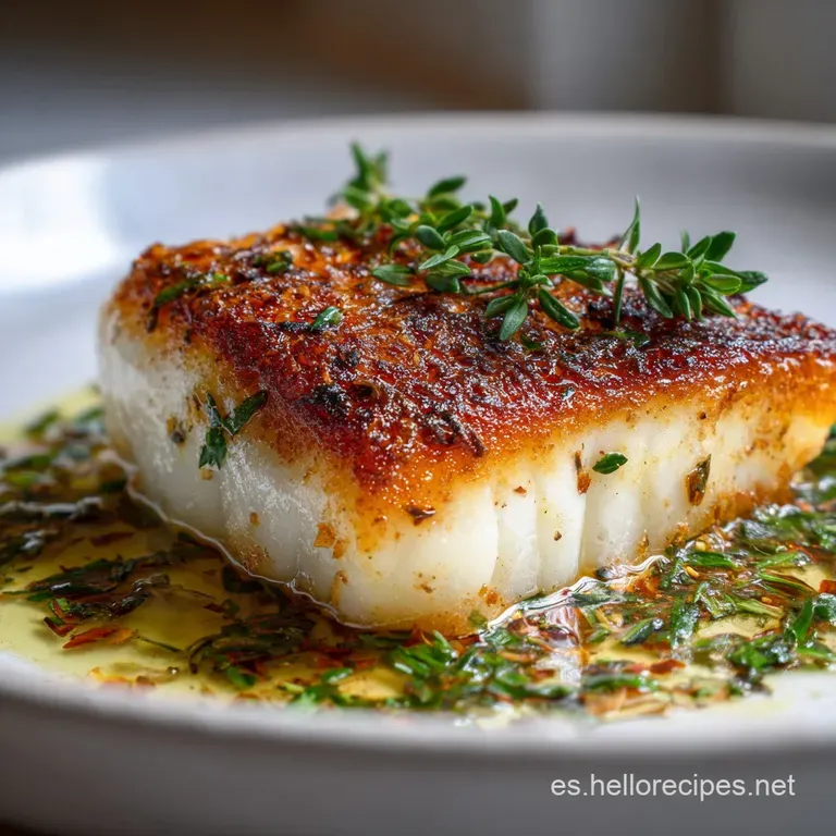 Pan-seared white fish fillet on a white plate, highlighting the contrast of textures and a colorful garnish of parsley.