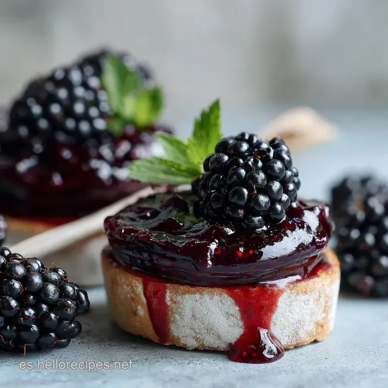 A spoonful of glossy blackberry marmalade, a deep purple hue, sits poised above a crusty piece of toasted bread.