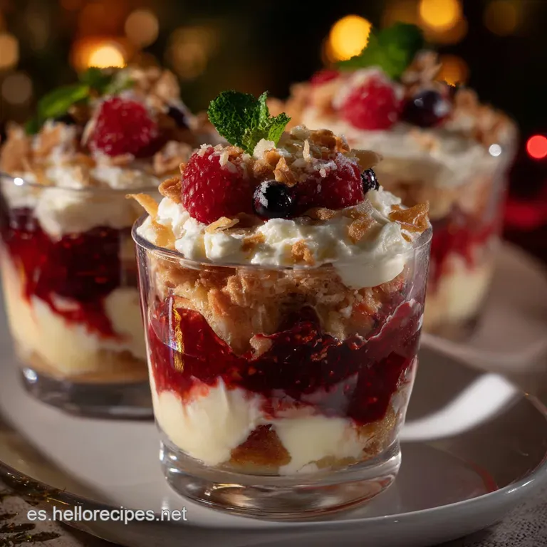 Elegant glass showcasing layered trifle. Ruby-red berries peek through creamy layers, finished with a flourish of fresh mi...