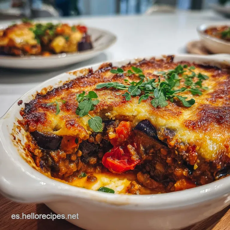 Slice of lentil moussaka plated, b&eacute;chamel browned in spots, hints of lentils, garnished with fresh herbs for a vibrant, ru...