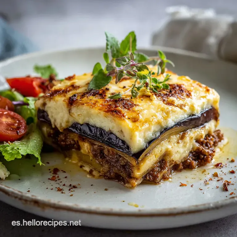 A slice of warm moussaka, stacked high revealing layers of meat, eggplant, and a perfectly browned, rich bechamel sauce.