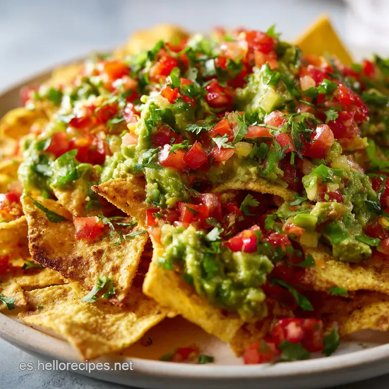 Artfully arranged nachos showcasing layers of vibrant green guacamole, melted cheese drizzle and bright red tomato.