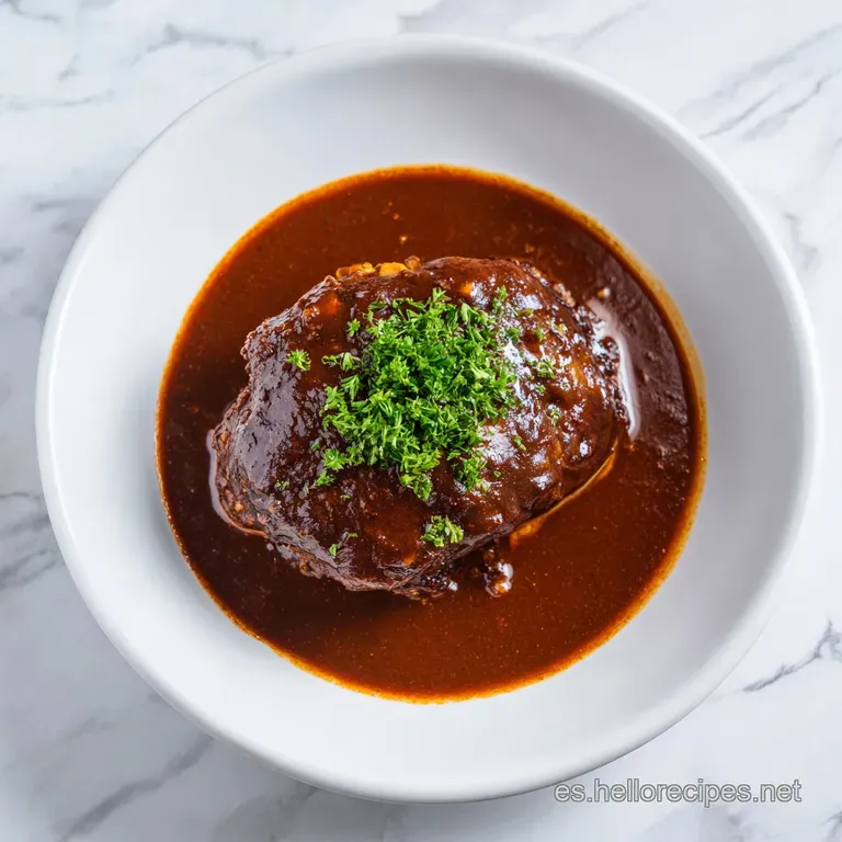 Plato blanco con carne glaseada y jugosa, gotas de salsa espesa y perejil fresco sobre un fondo claro y minimalista.