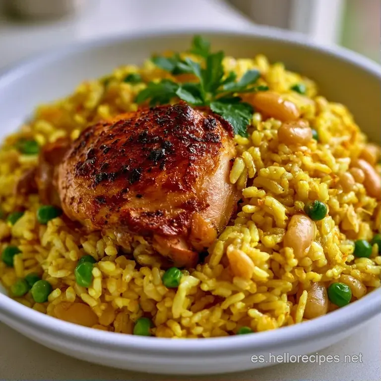 Raci&oacute;n de arroz amarillo humeante con carne jugosa y jud&iacute;as verdes sobre un plato blanco, textura granulada y brillante.
