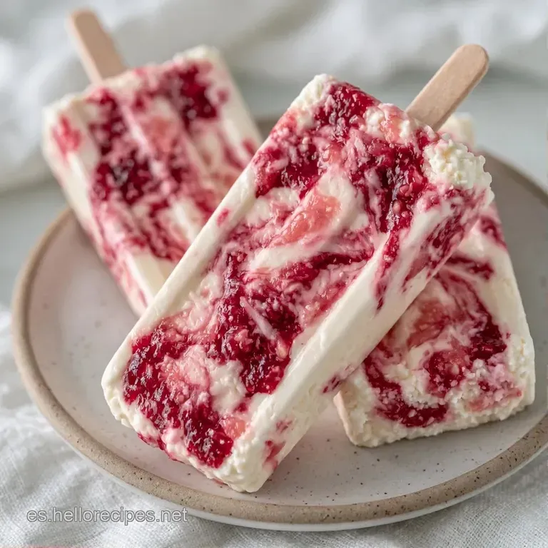 Tres polos cremosos con trozos de dulce rojo intenso, apoyados en un plato de cerámica gris con menta fresca al lado.