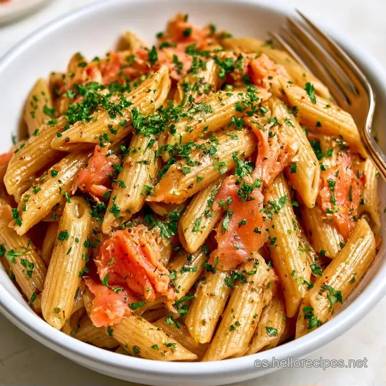Pasta enrollada con trozos de salmón ahumado naranja intenso y lluvia de hierbas verdes en un plato de cerámica.