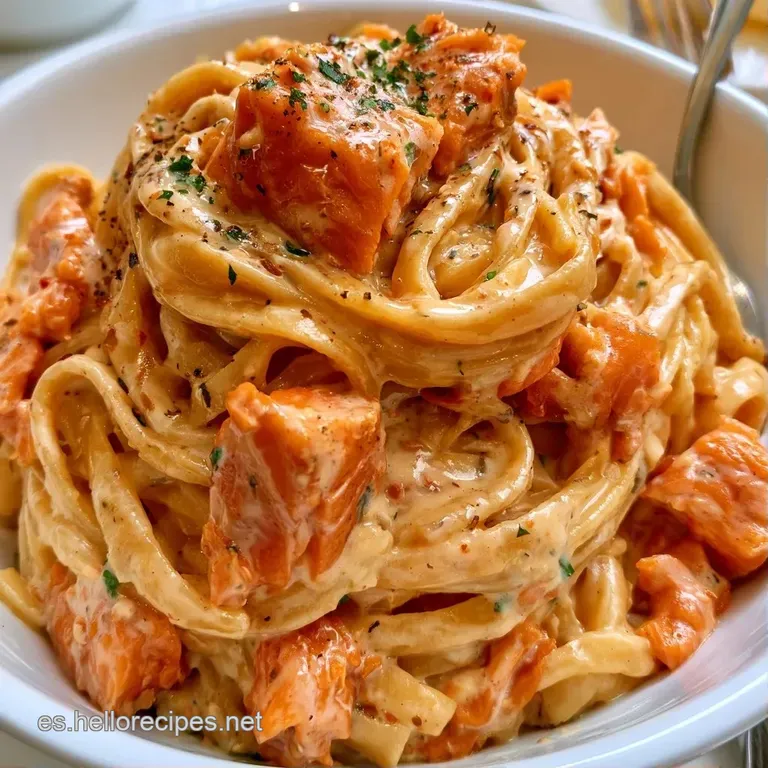 Plato hondo con pasta cremosa dispuesta en espiral, adornada con láminas de salmón ahumado naranja y un toque de verde.