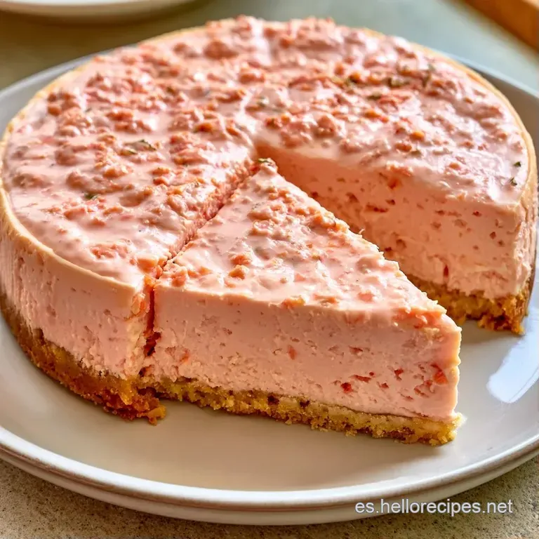Porción triangular de pastel rosado en plato blanco, decorada con gotas de crema suave y hierbas verdes frescas arriba.