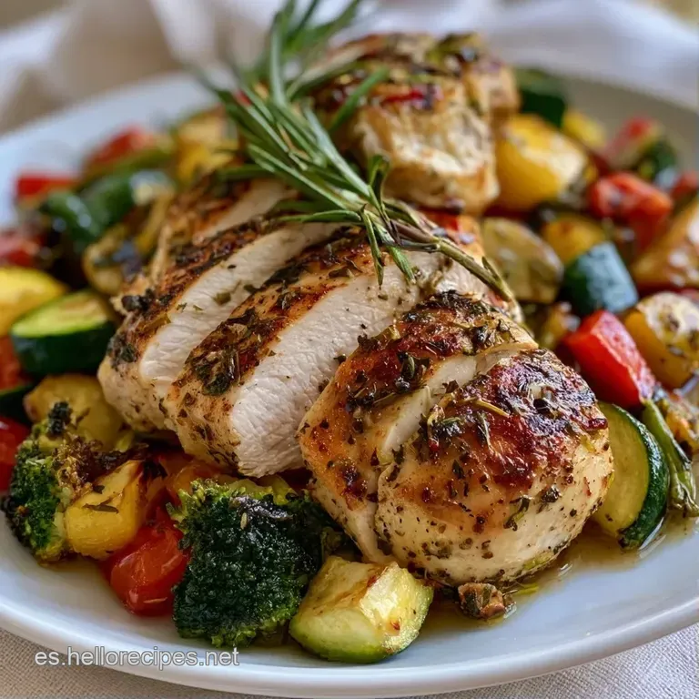Filete de pollo jugoso con costra dorada acompa&ntilde;ado de vegetales coloridos dispuestos con cuidado en plato blanco.