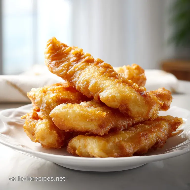 Delicate, flaky fried fish elegantly displayed on a blue plate, a sprinkle of herbs. Hints of lemon and dipping sauce roun...