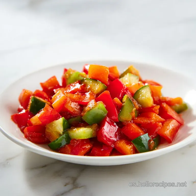 Porci&oacute;n ordenada de verduras salteadas multicolores sobre plato blanco, decorada con una hoja verde muy fresca.