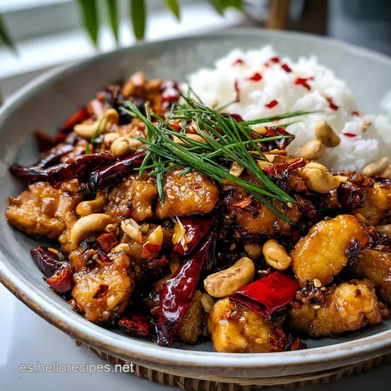 A beautifully plated dish of tender chicken stir-fry, showcasing colorful peppers and crisp vegetables against a dark back...