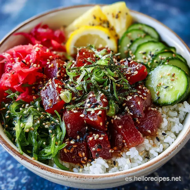 Elegant poke bowl. Ruby tuna, vibrant greens, and toasted sesame seeds glisten in a shallow ceramic bowl.