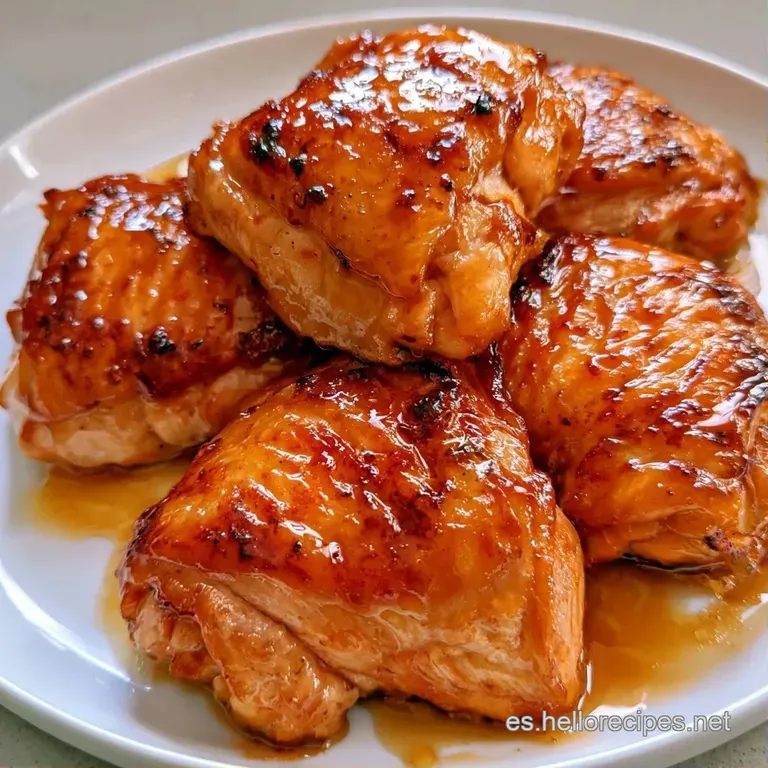 Piezas de pollo caramelizado dispuestas con esmero, resaltando el brillo meloso y el contraste verde de hierbas frescas.
