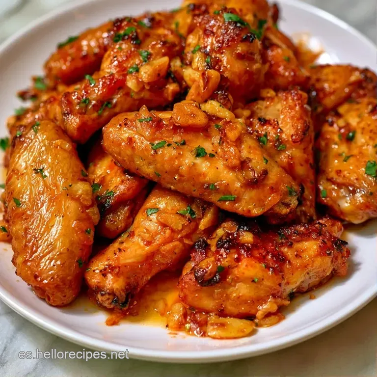 Pollo dorado brillante dispuesto con esmero, adornado con láminas de ajo crujiente y hojas verdes sobre fondo neutro.