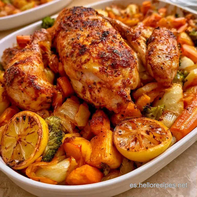 Piezas de pollo con piel tostada servidas en plato blanco, acompañadas de verduras glaseadas y un toque de perejil.
