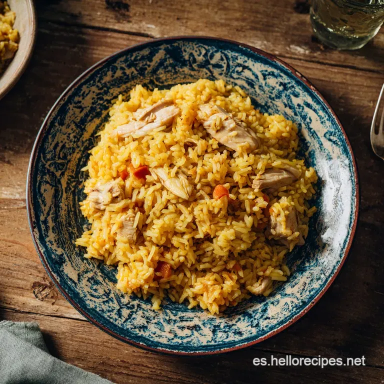 Plated portion of saffron-infused rice studded with tender chicken, garnished with bright cilantro and a wedge of lime.