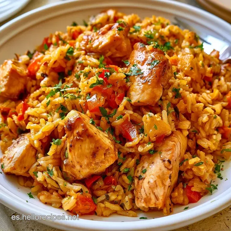 Porción de arroz húmedo y pollo jugoso servido en plato blanco, decorado con perejil fresco y un toque de aceite oliva.