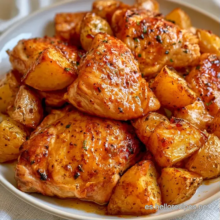 Plato blanco con muslos de pollo crujientes y patatas redondas, decorado con hojas verdes y un caldo dorado.