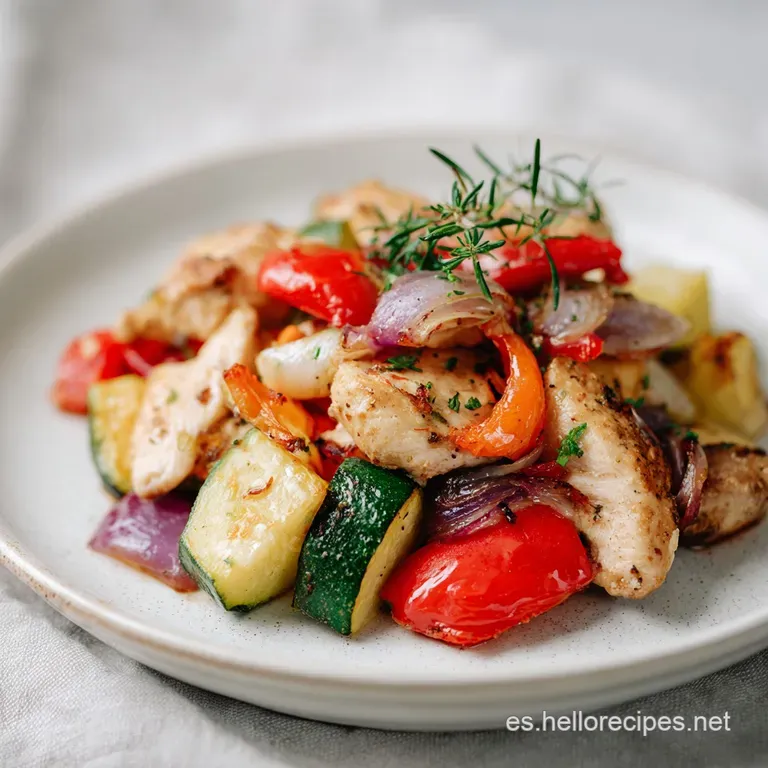 Elegant plate of tender chicken and crisp-tender vegetables in a savory sauce, garnished with fresh herbs. Light reflects ...