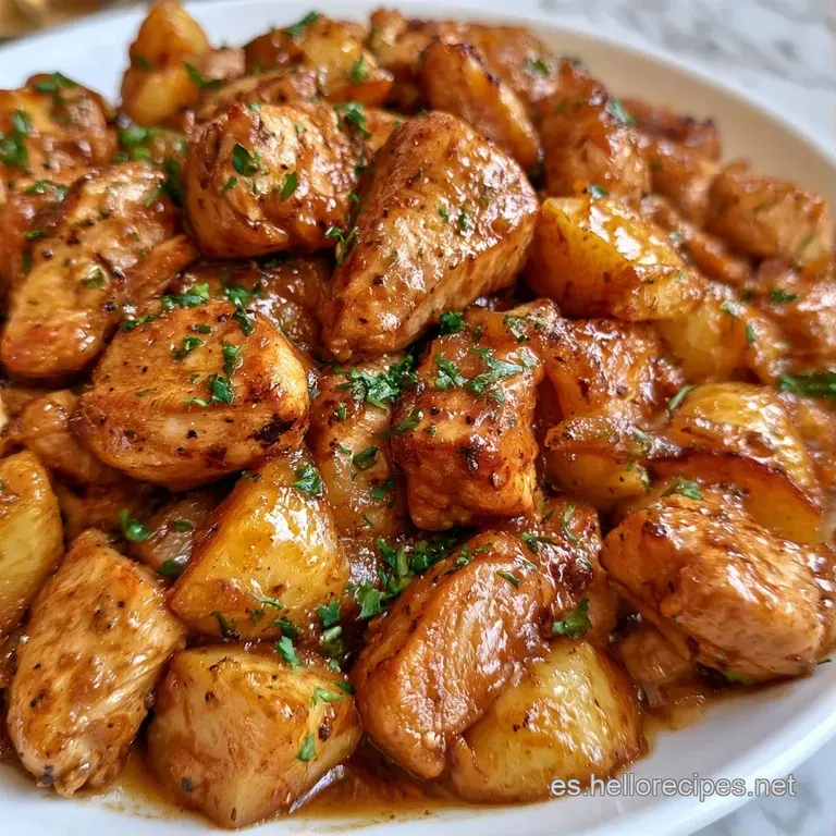 Trozos de carne tierna y patatas cocidas sobre fondo blanco, bañados en una salsa densa y brillante color miel.