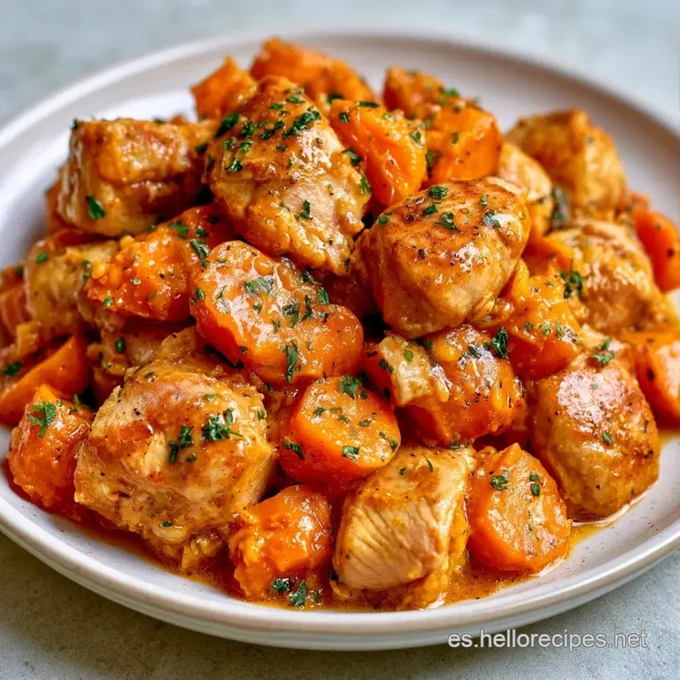 Plato blanco con guiso humeante, trozos tiernos de carne y verduras coloridas decoradas con hojas de perejil fresco.