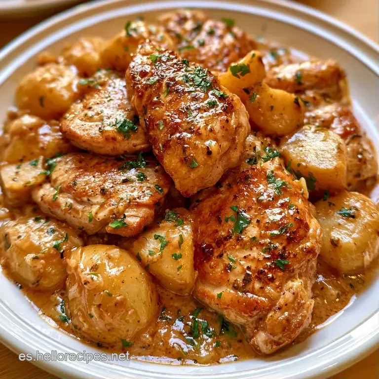 Guiso servido en plato cerámico blanco, resaltando el contraste del pollo jugoso y patatas suaves con salsa brillante.