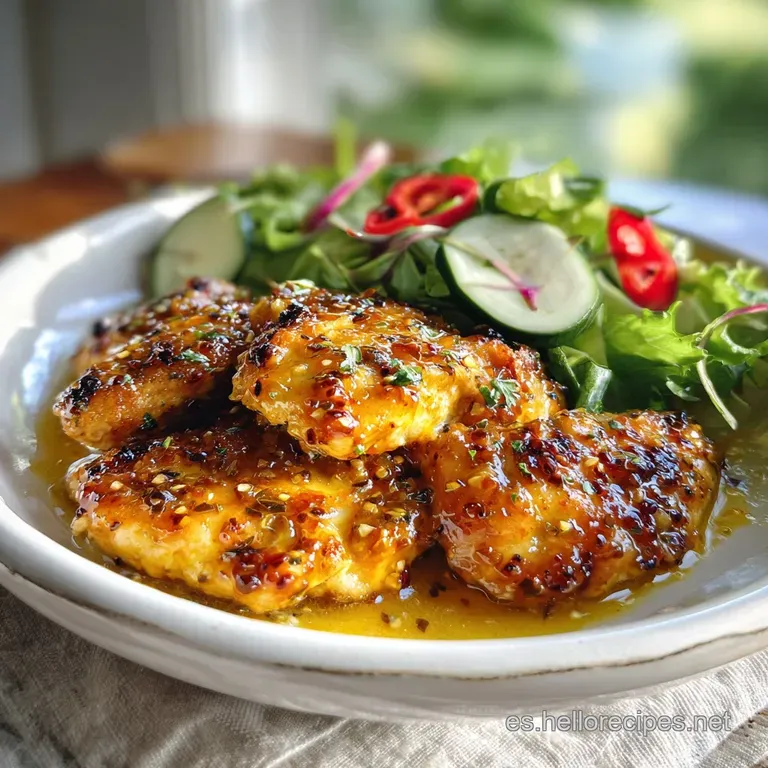 Honey-mustard glazed chicken arranged on a white plate. Garnish of fresh herbs and a drizzle of sauce adds to the presenta...