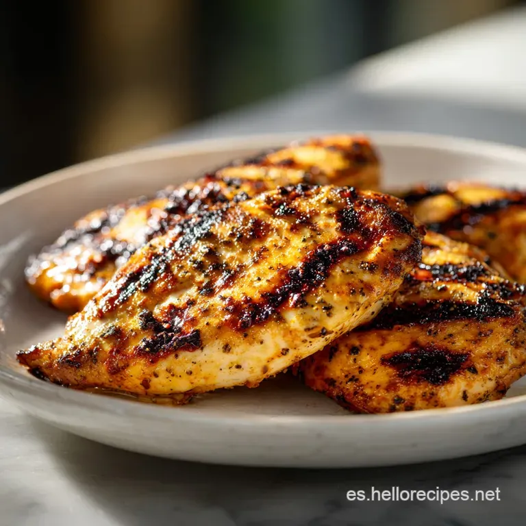 Perfectly plated grilled chicken breast with colorful bell peppers and herbs, showcasing a healthy and delicious weeknight...