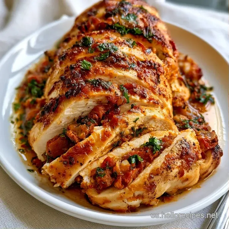 Rebanada de carne jugosa con relleno colorido sobre plato blanco, decorada con una salsa brillante y hojas verdes.
